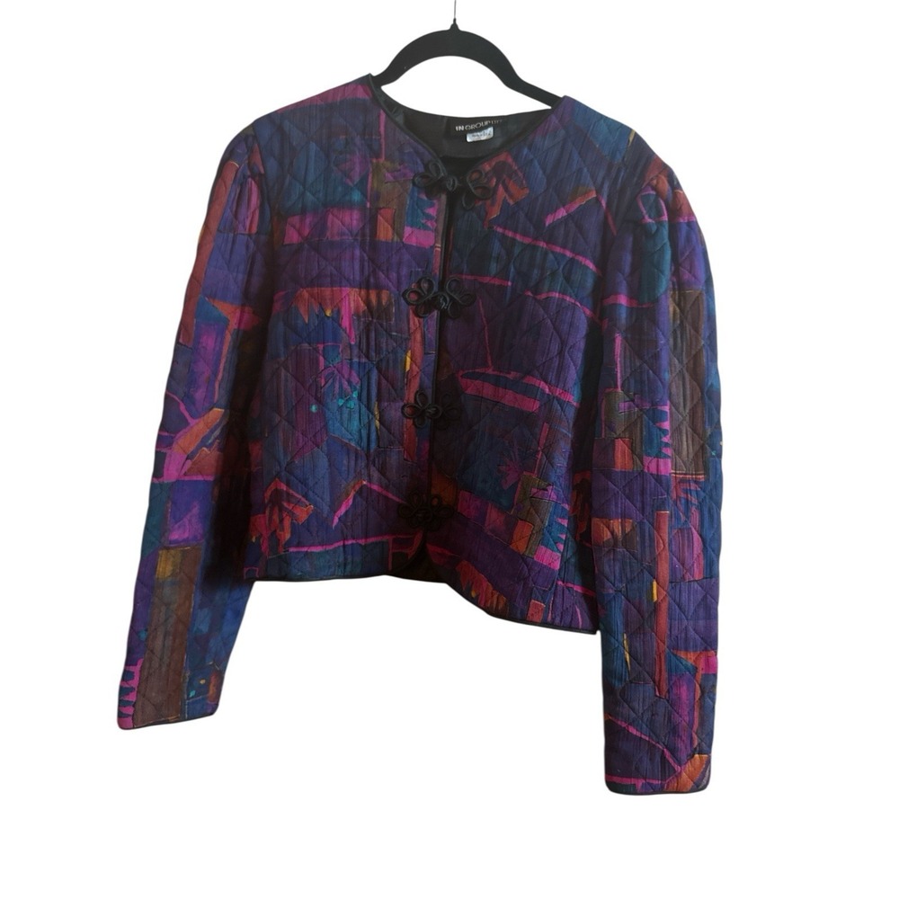 Vintage In Group Ltd Quilted Abstract Rayon Jacket Woman's Size 8 Frog Closures